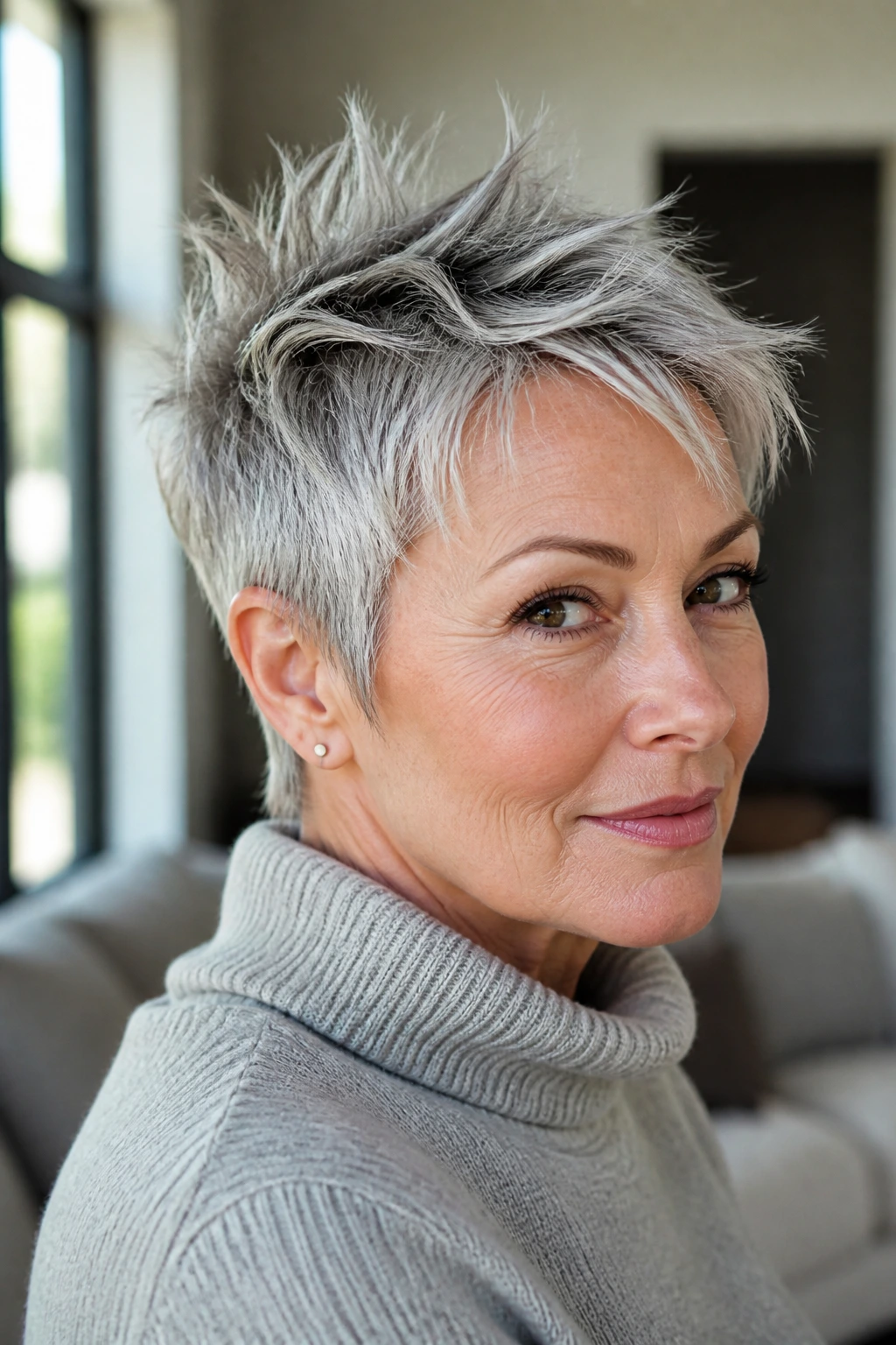 Close-up of a woman with a spiky piecey pixie showing crown texture