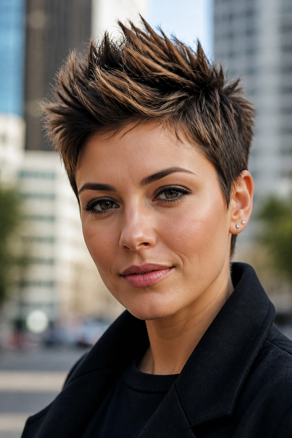 Close-up portrait of a real woman with a spiky pixie in daylight