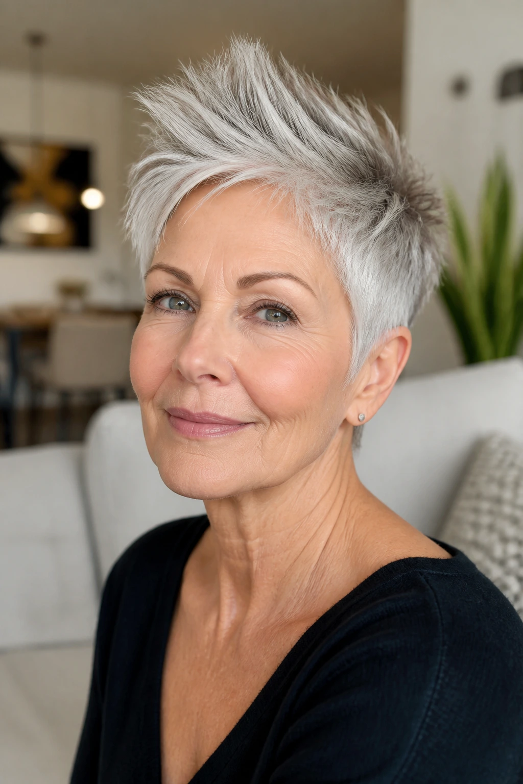 Older woman with spiky lift pixie hairstyle in a bright living room
