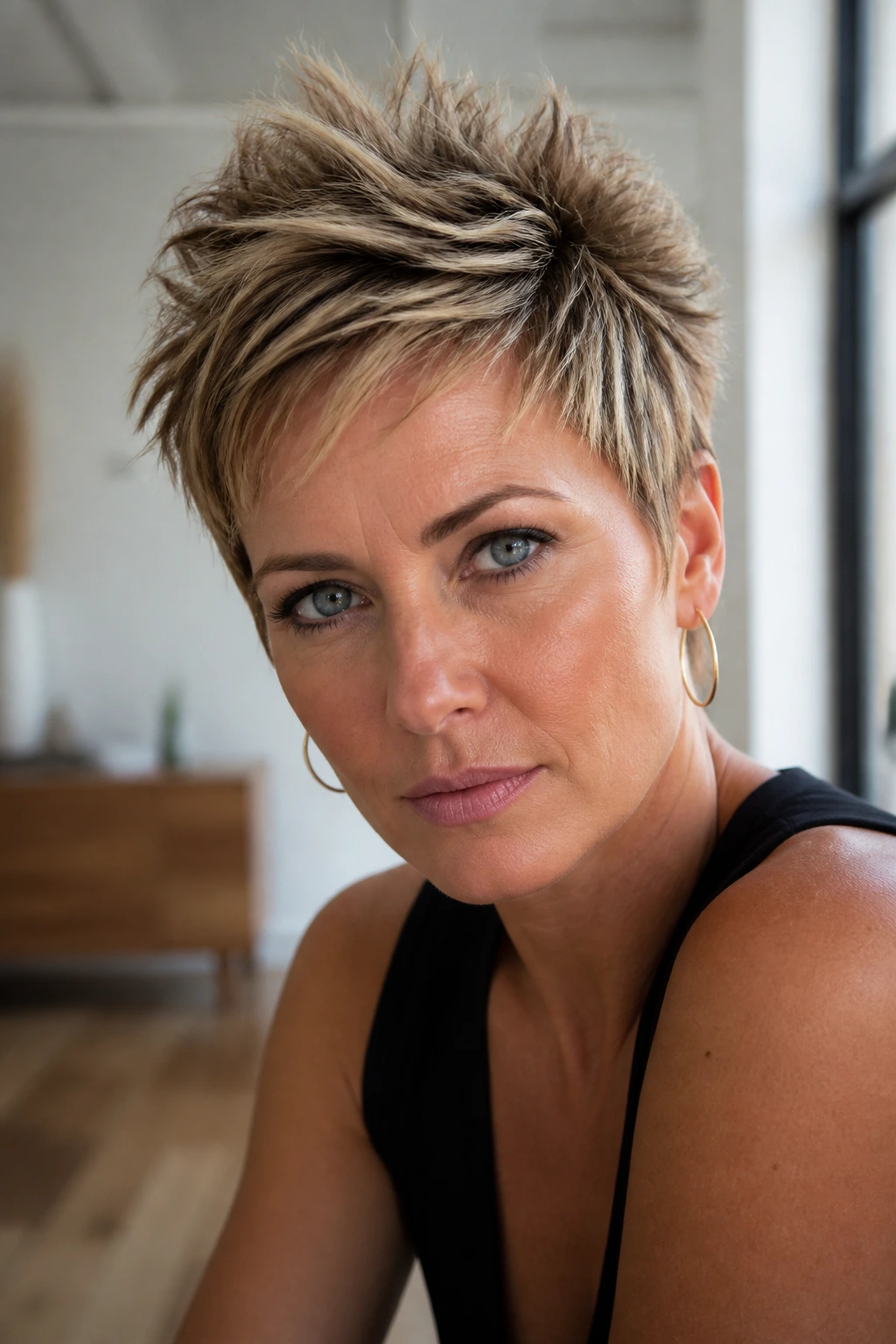 Close-up portrait of a woman with spiky piecey pixie and defined spike ends.