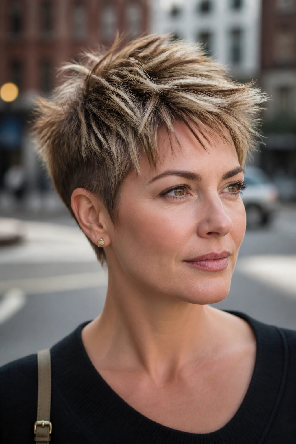 Close-up portrait of a real woman with a spiky pixie and piecey ends on an urban street.