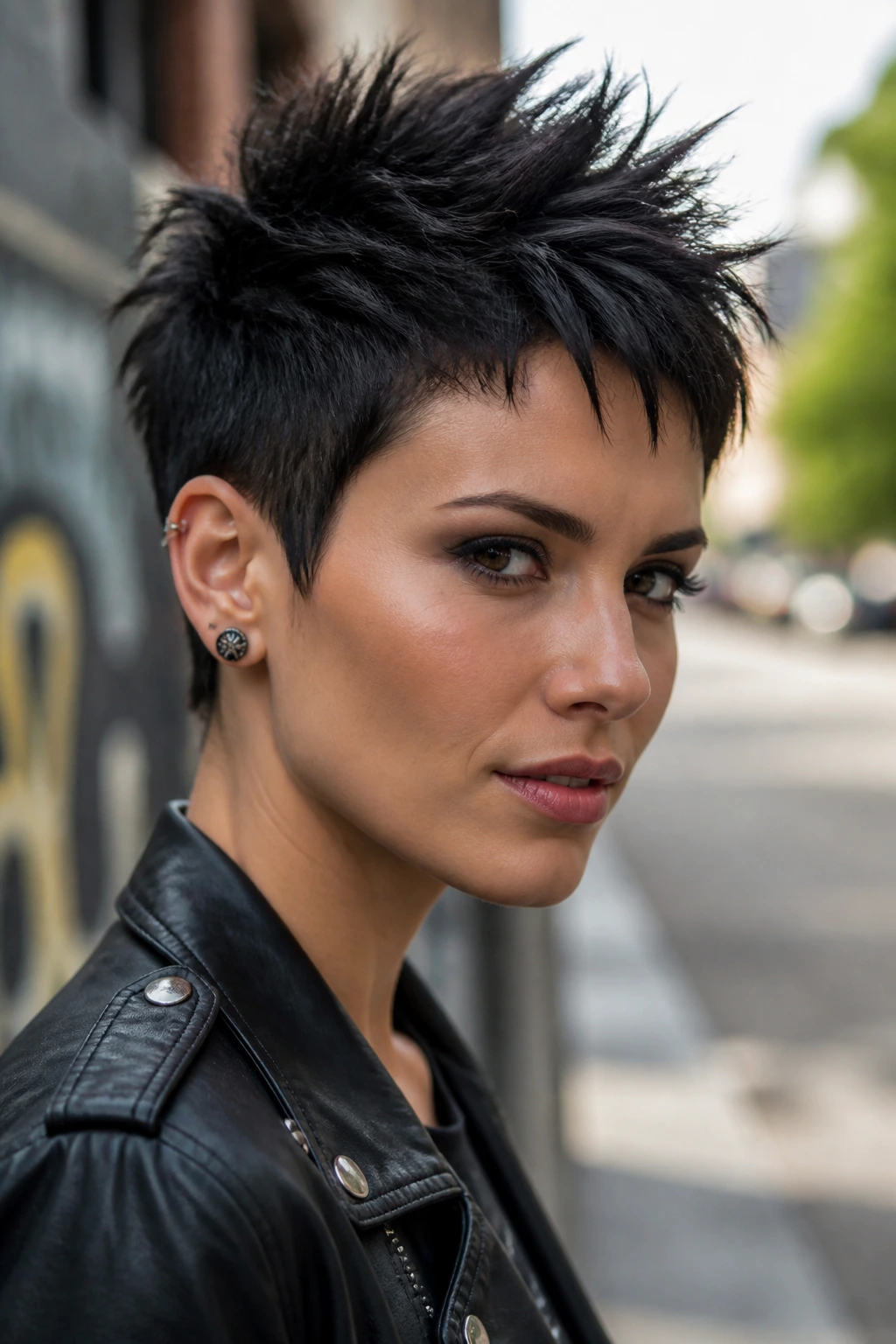Real woman with spiky pixie on urban street background