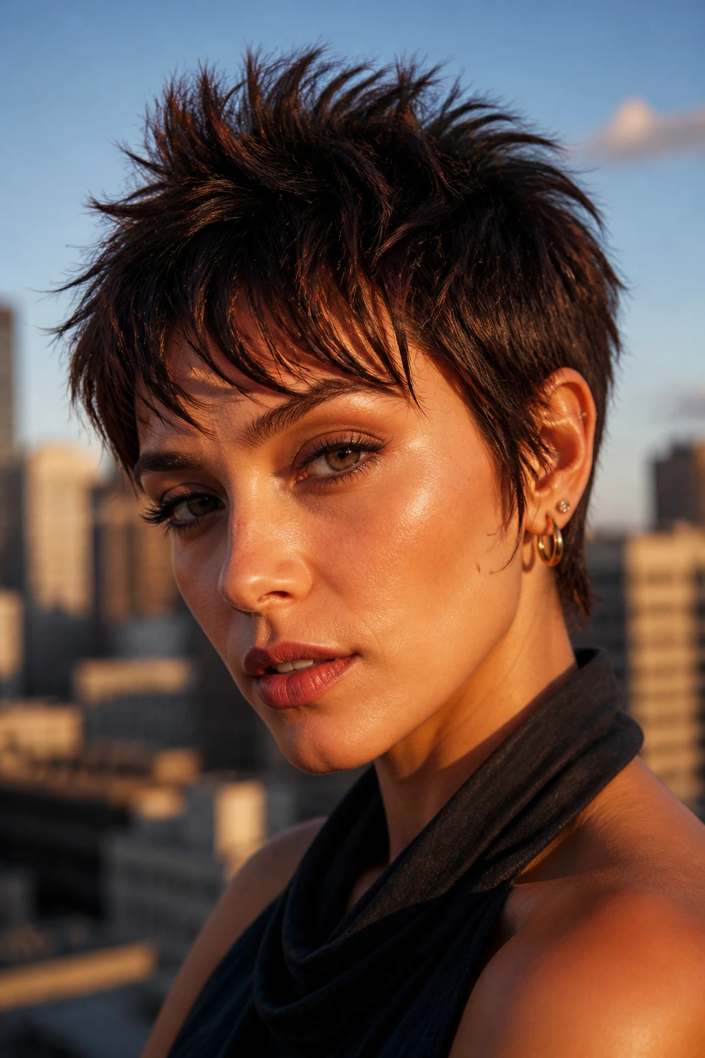 Close-up portrait of a person with a spiky pixie and textured fringe on a city rooftop at golden hour
