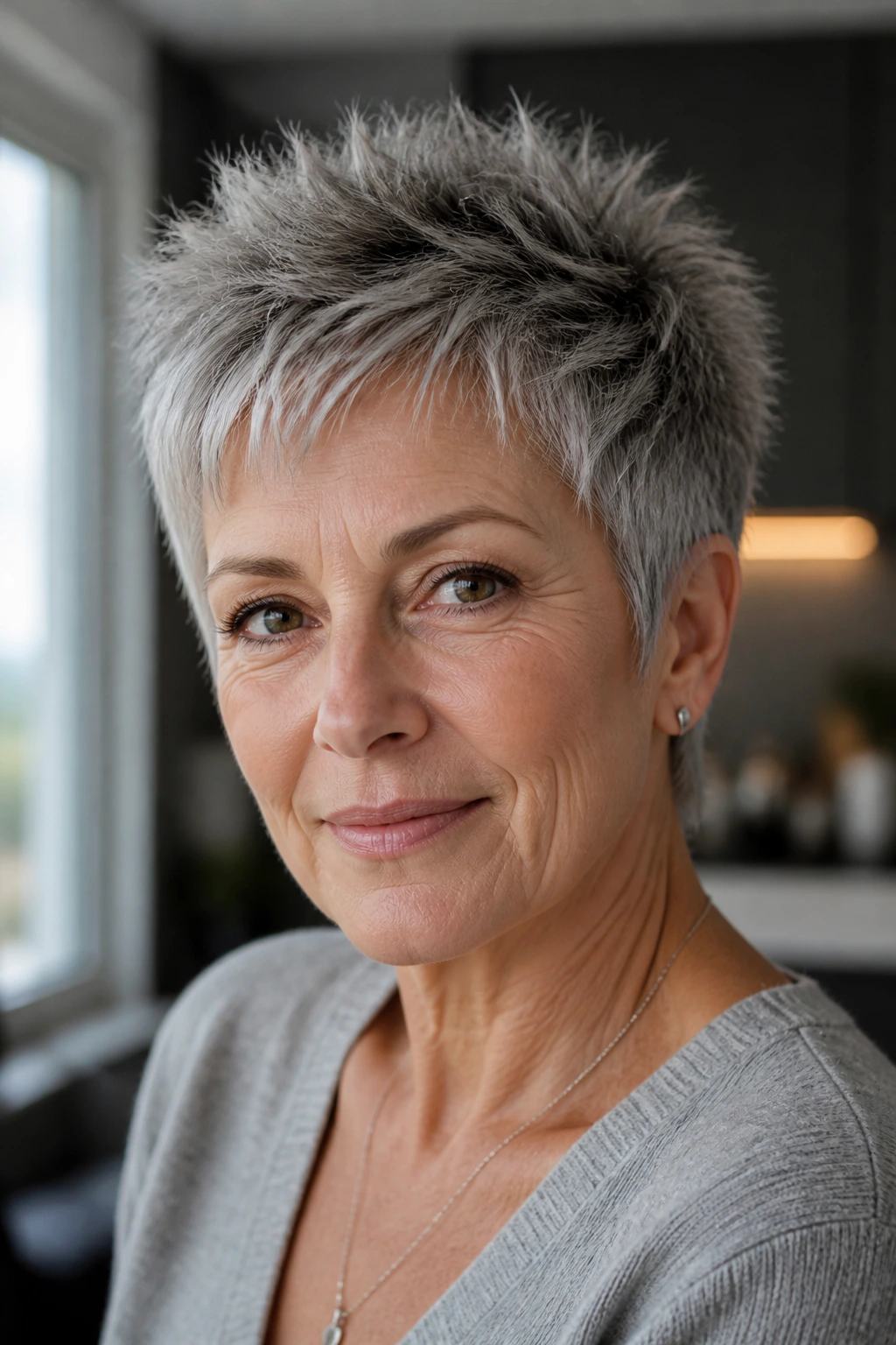 Close-up portrait of a real woman with a spiky textured pixie hairstyle