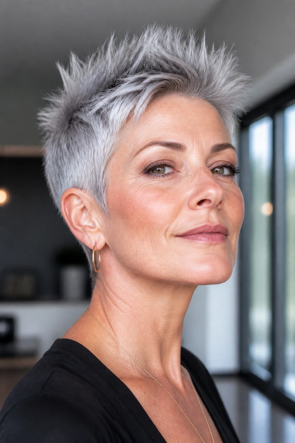 Close-up of a real woman with a spiky textured pixie