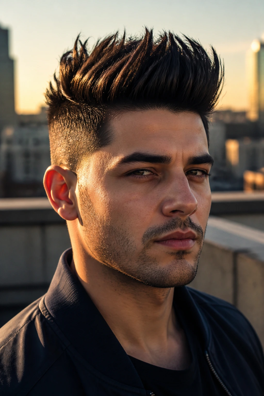 Close-up portrait of a man with a tall spiky pompadour hairstyle