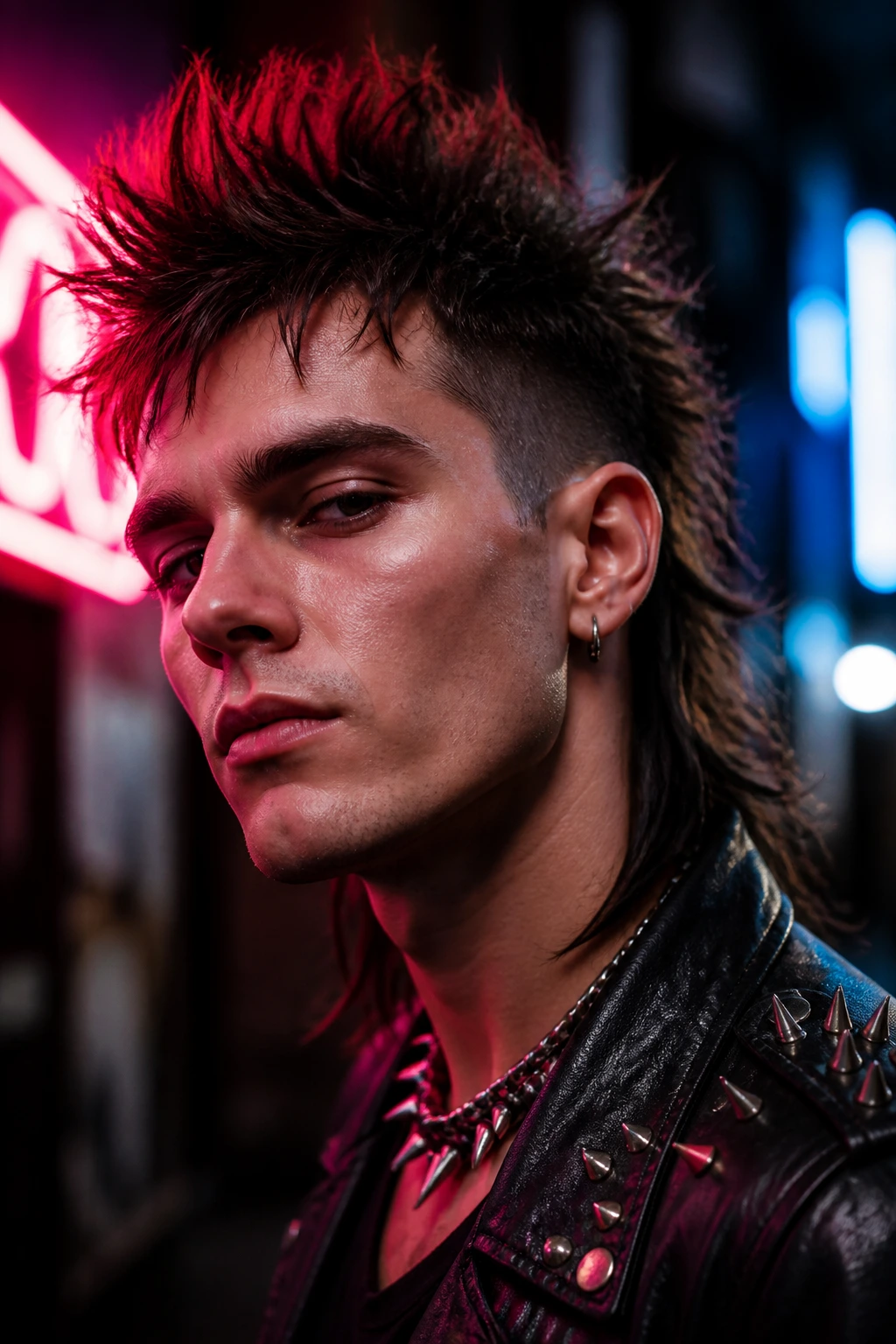 Close-up portrait of a real person with spiky punk mullet
