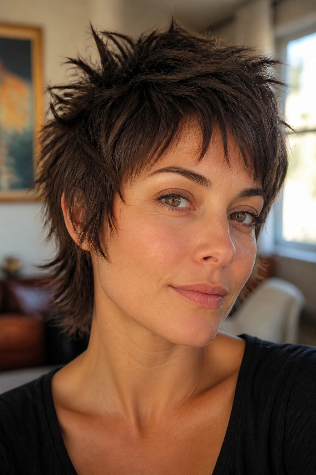 Close-up portrait of a real woman with a short spiky shag hairstyle