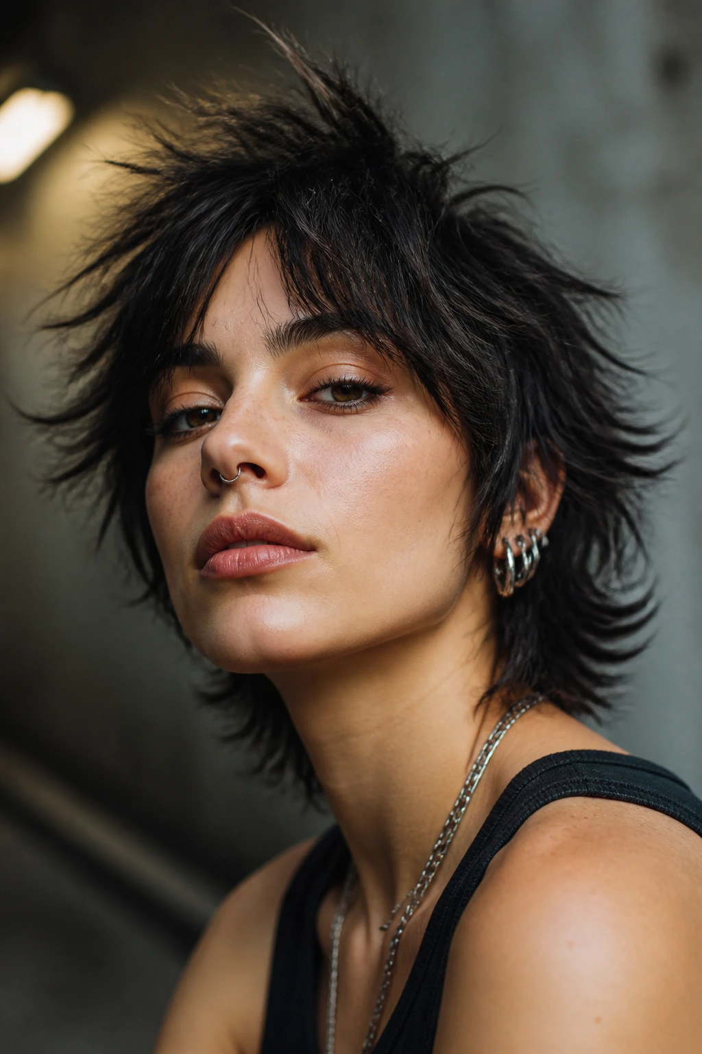 Portrait of a real person with spiky textured shag and split fringe in moody lighting.