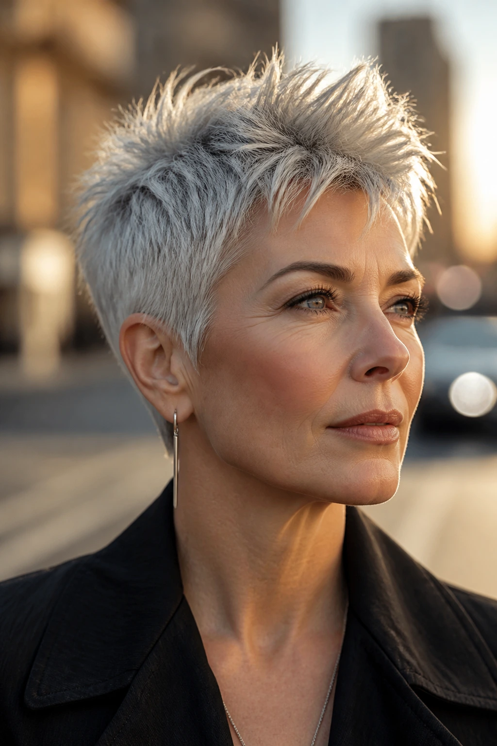 Close-up portrait of a real woman with a spiky silver pixie.