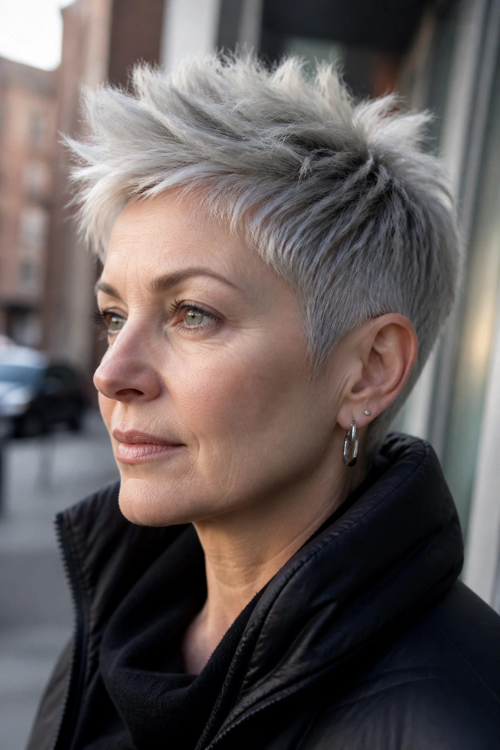 Close-up portrait of a real woman with a spiky matte silver pixie hairstyle