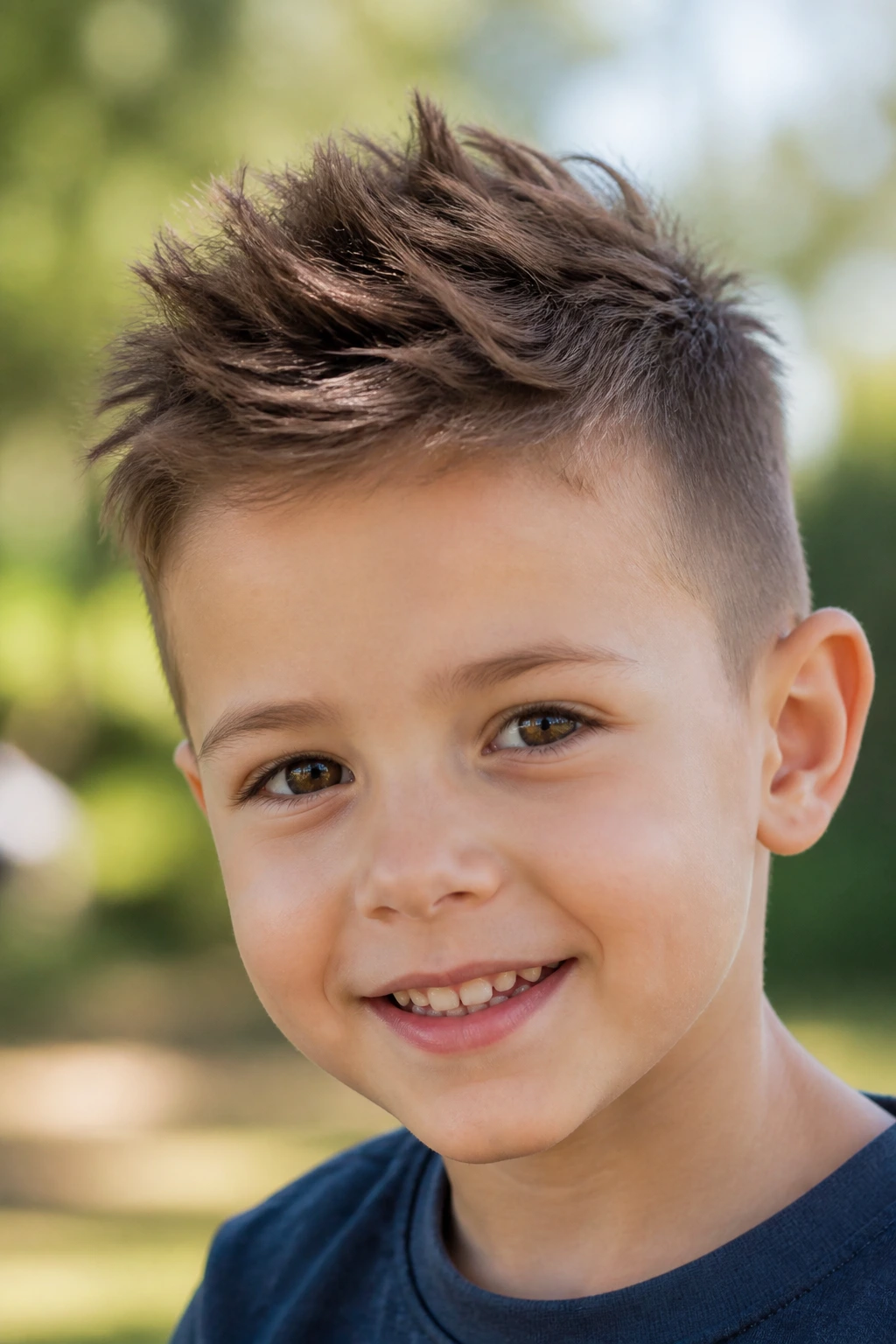 Close-up of a boy with a spiky texture cut hairstyle in daylight