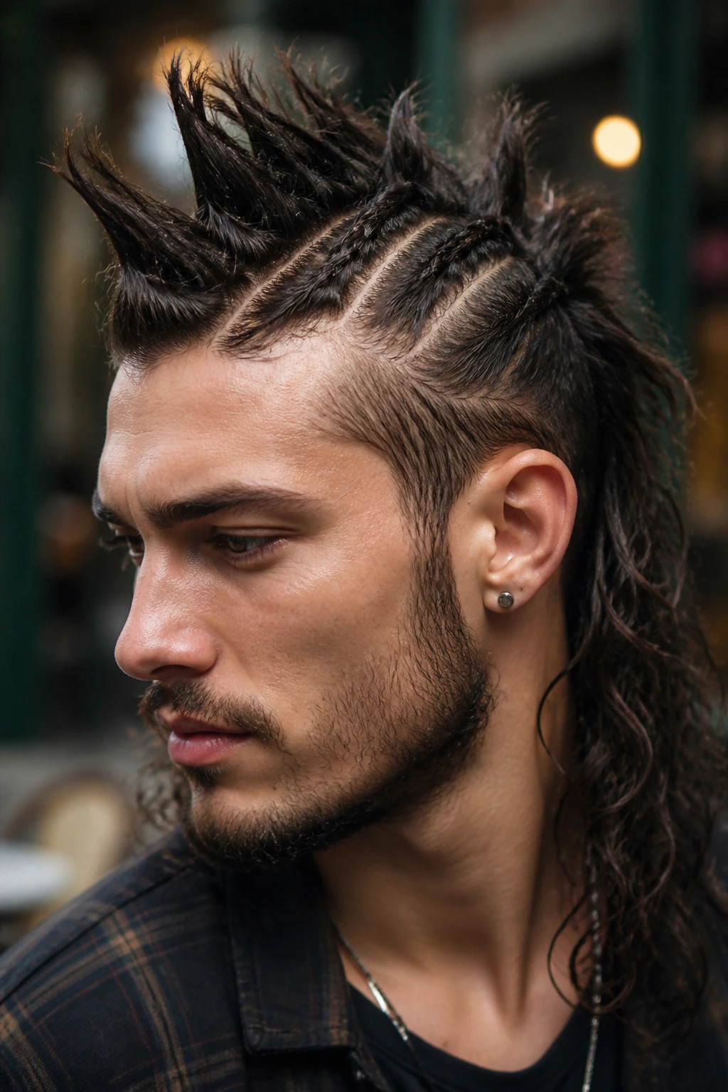 Close-up of a person with spiky texture hawk hairstyle on city street