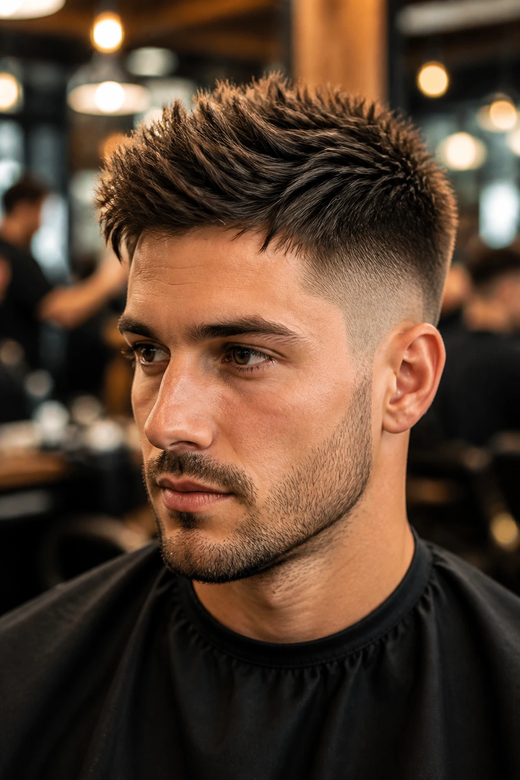 Close-up portrait of a man with a spiky top and taper fade