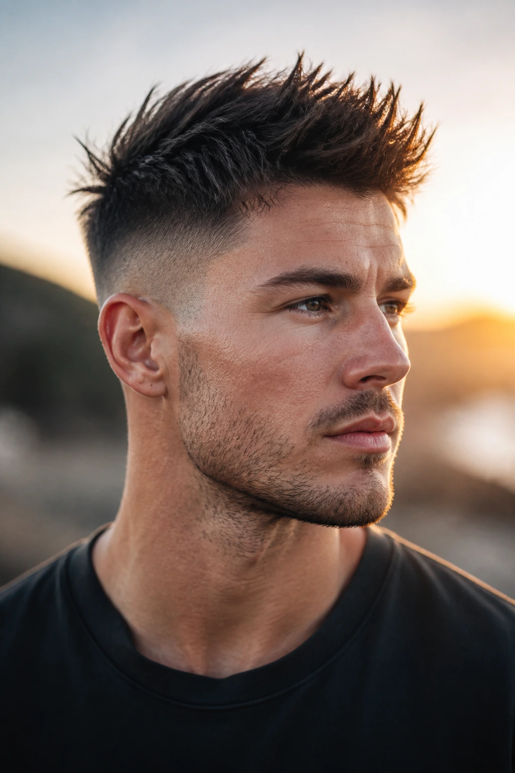 Portrait of man with high-contrast fade and spiky top