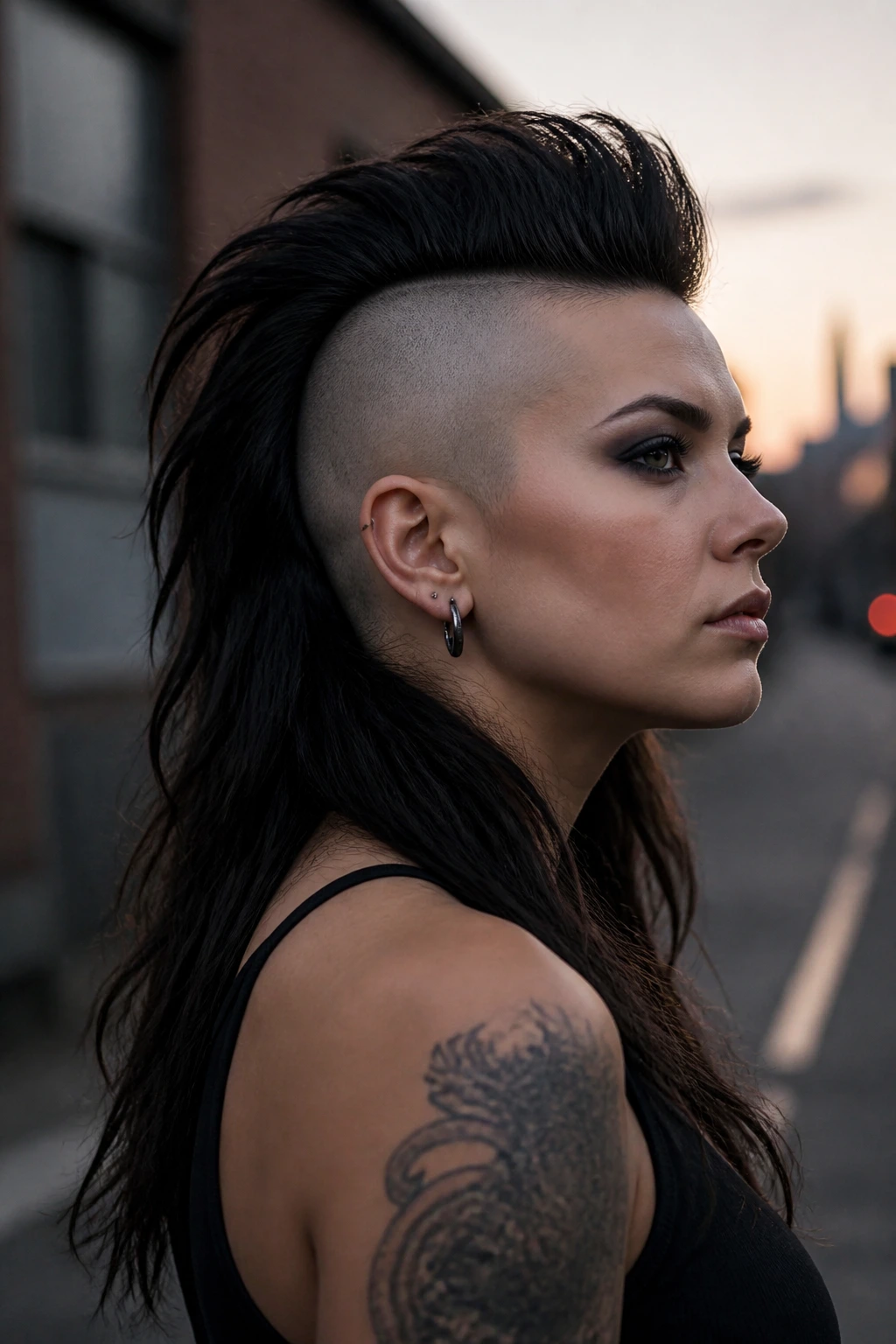 Close-up of a real person with a spillover Mohawk, center strip long over shoulders