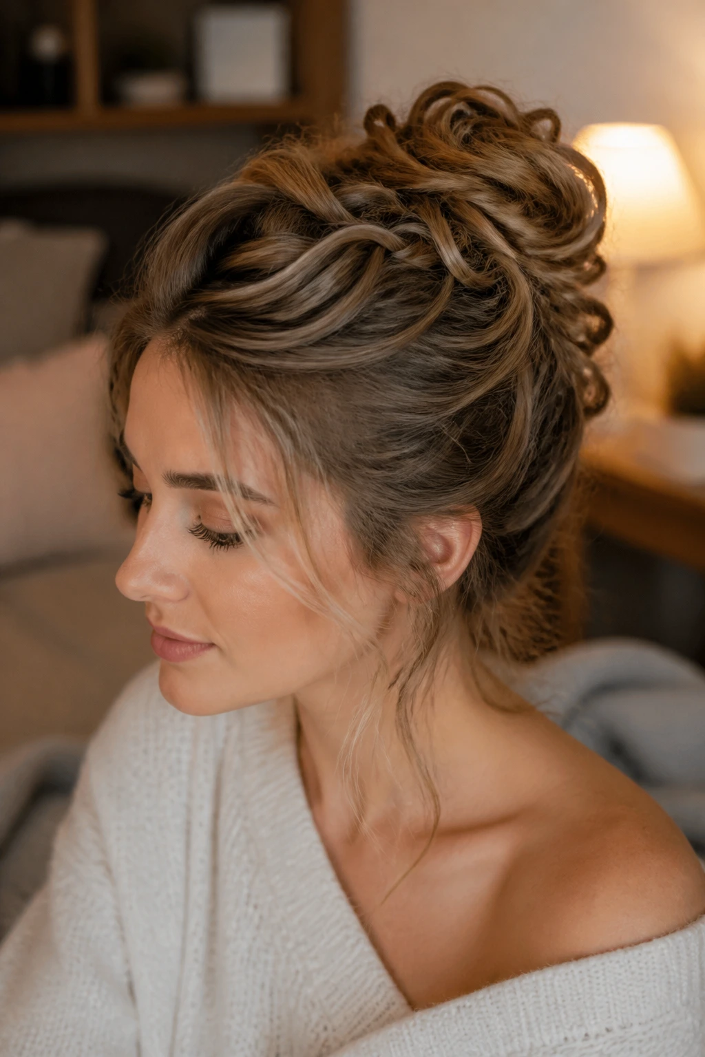 Close-up of a real woman with a spiral bun showing coils and soft face-framing pieces.