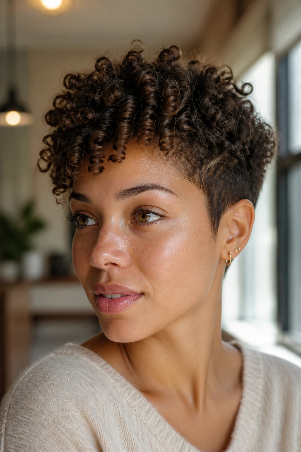Close-up of a real woman wearing spiral coil pixie with spiraling top curls.