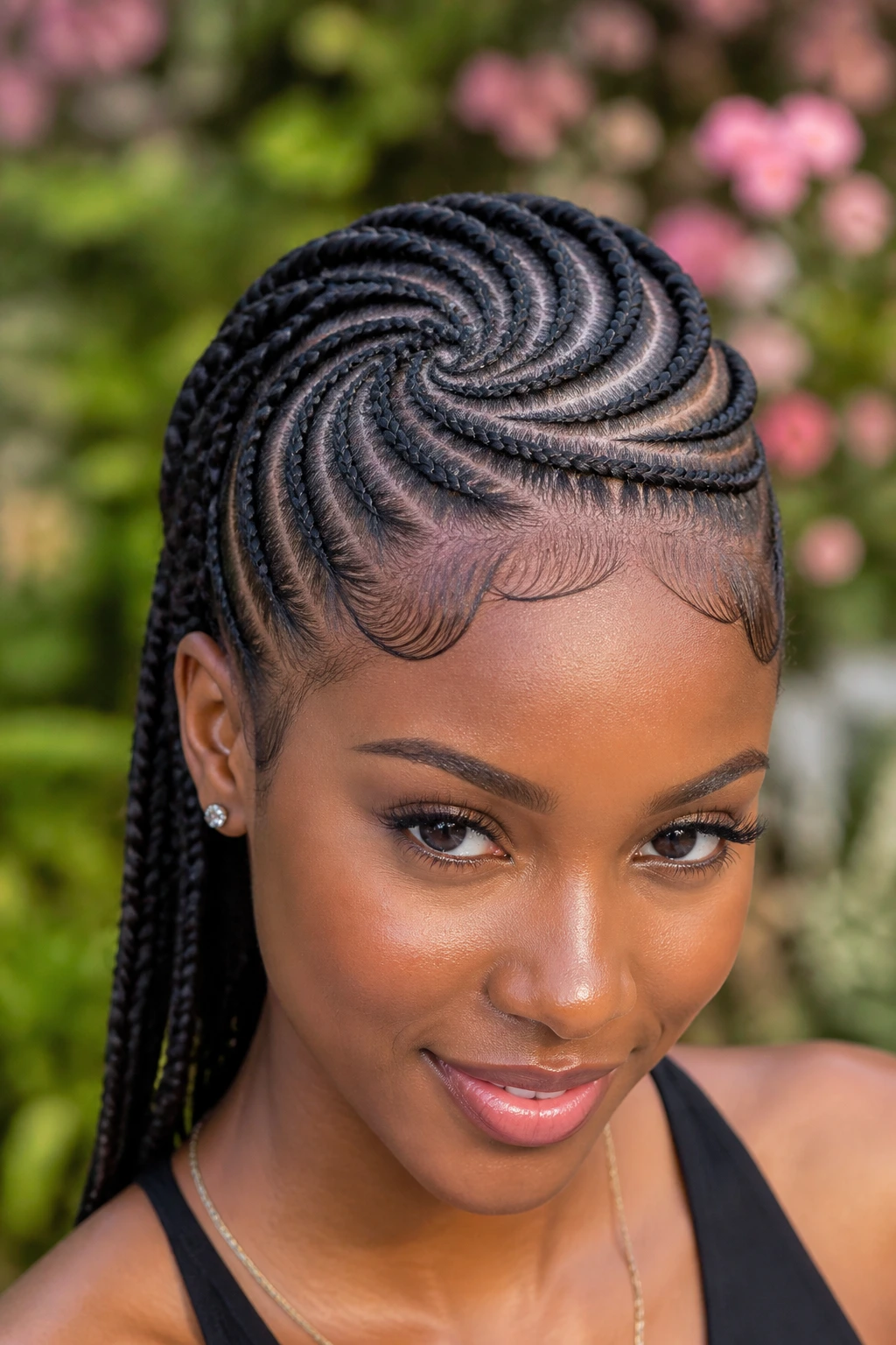 Close-up of spiral cornrow pattern forming a circular crown on a real woman's head outdoors.