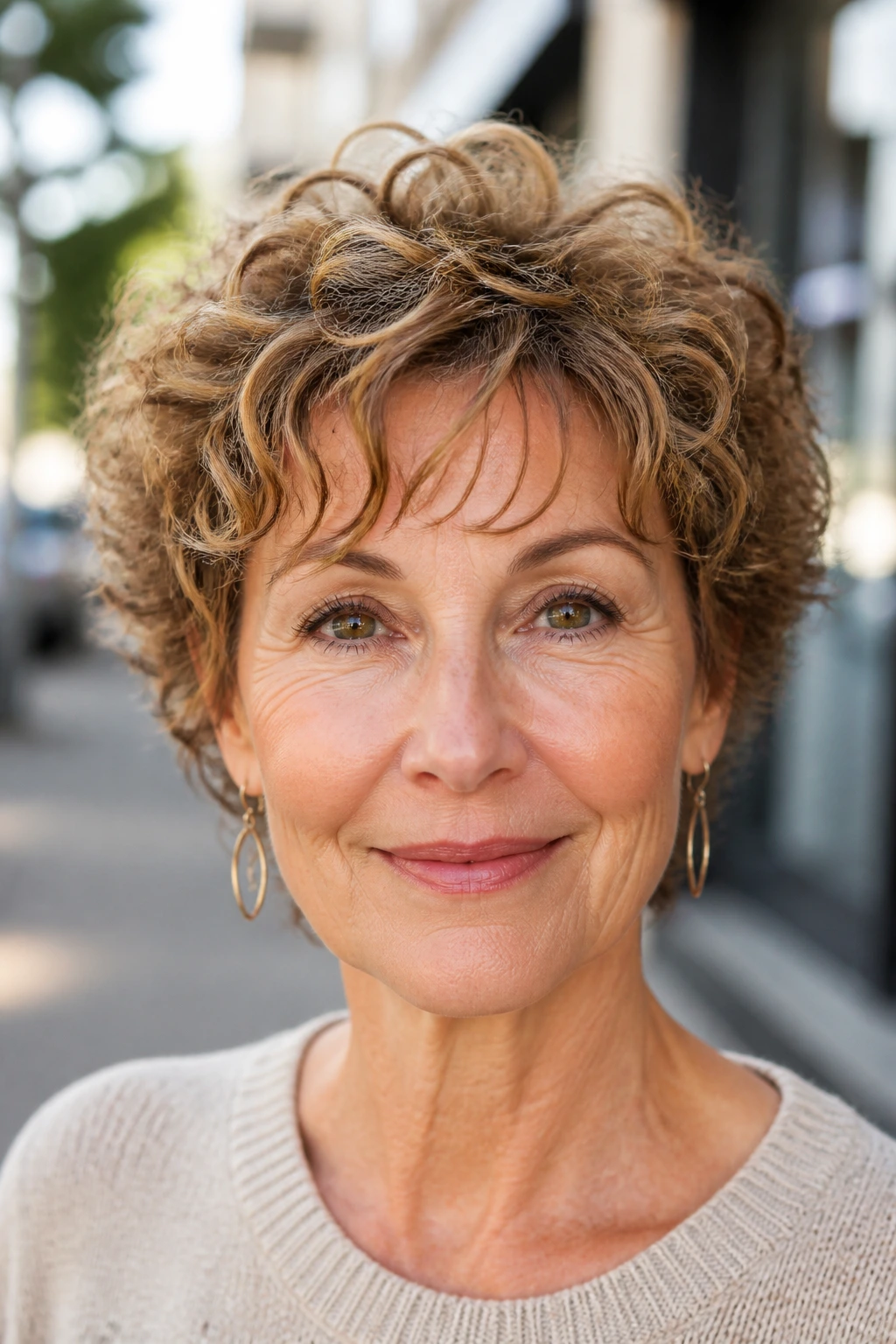 Front portrait of a woman with a spiral crop and wispy bangs