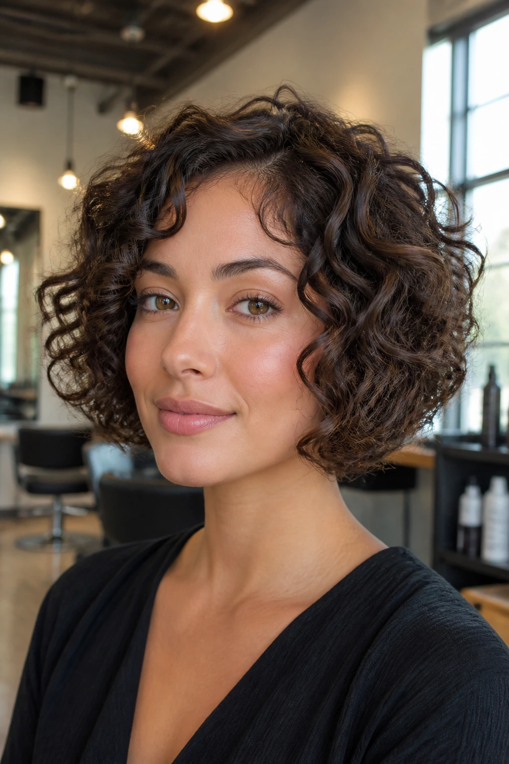 Close-up of a real woman with spiral-friendly micro-layered bob and defined chin-length curls