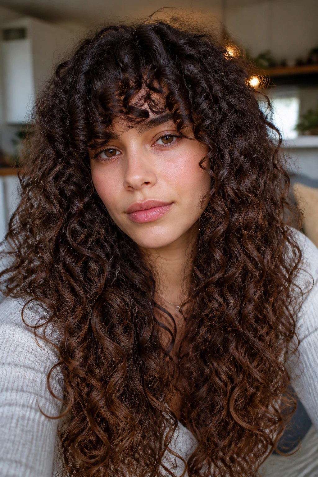 Close-up of a real woman with spiral curls and a dense curly fringe resting on the brow, natural window light