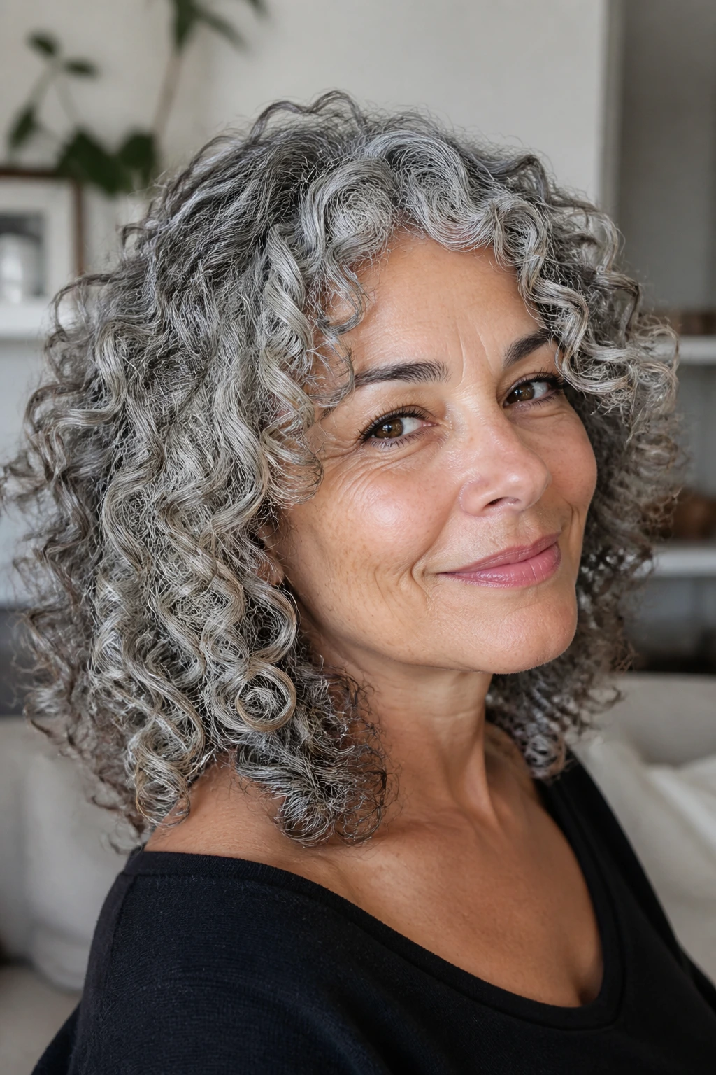 Close-up of a real woman with defined spiral gray curls and natural shine.