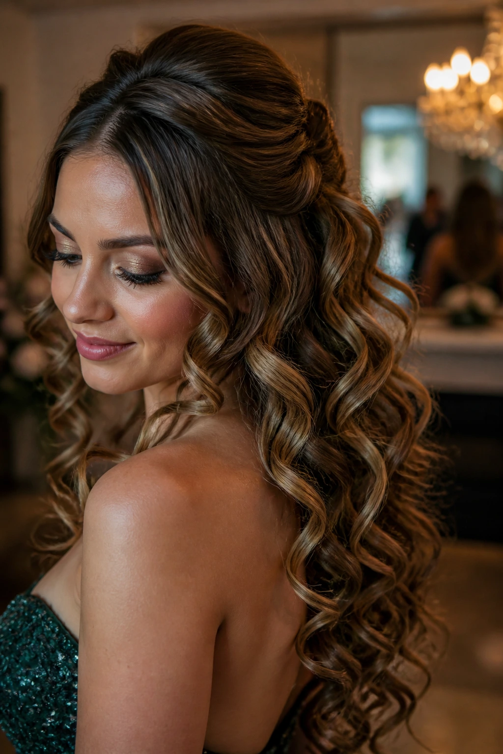 Real woman with cascading spiral curls half-up secured by hidden pins at the crown.