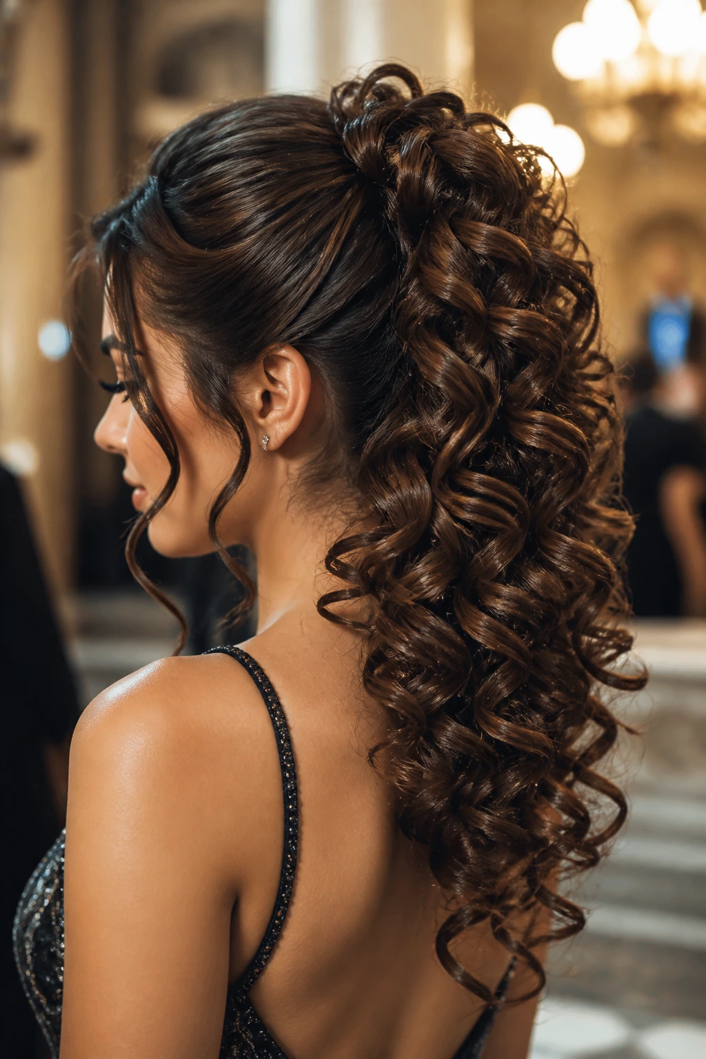 Close-up of cascading ponytail with spiral curls on a real person in a formal setting