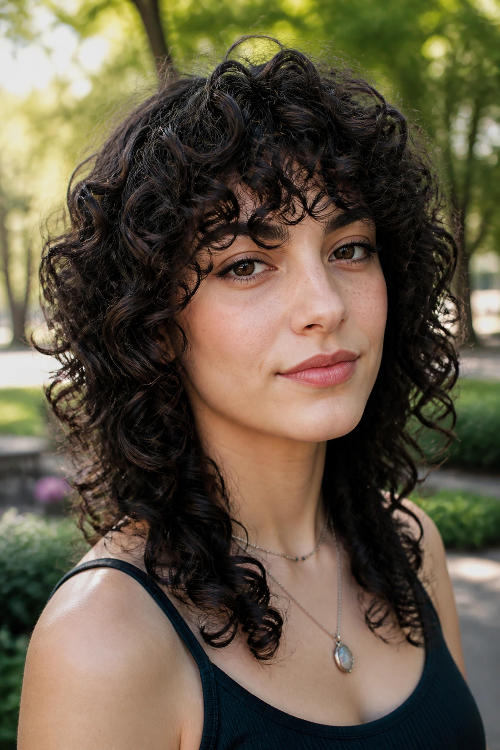 Close-up of a real person with spiral-defined wolf shag curls outdoors