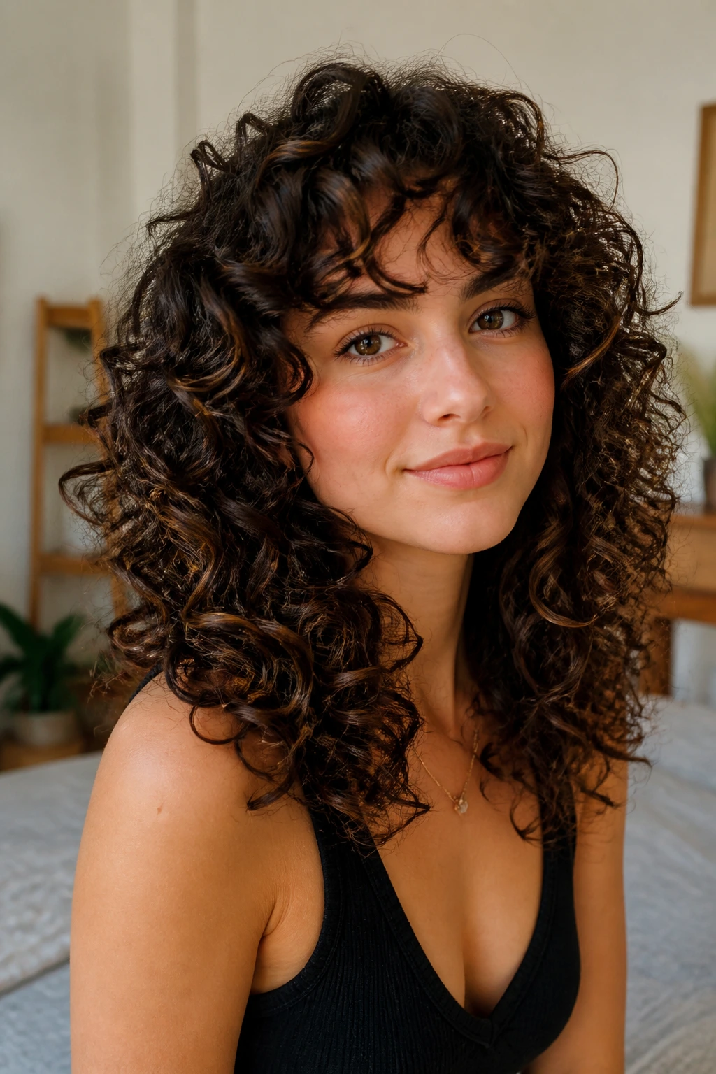 Close-up of a real woman with spiral layers and defined ringlets