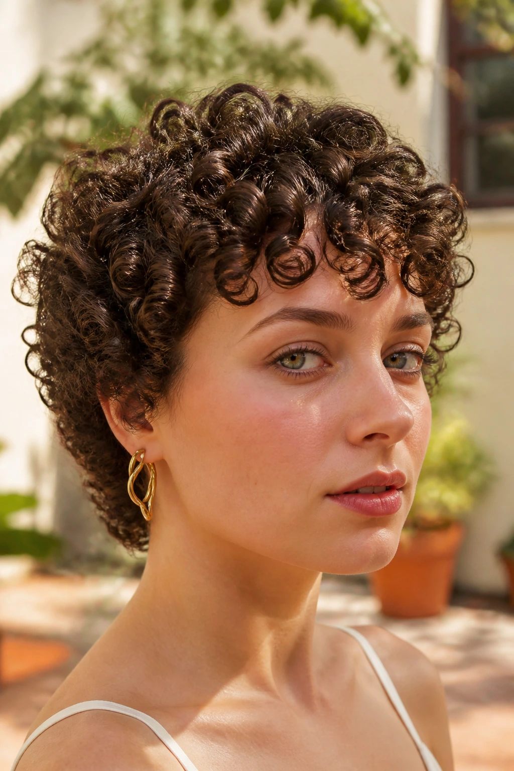 Close-up of a real person with spiral perm curls forming a halo