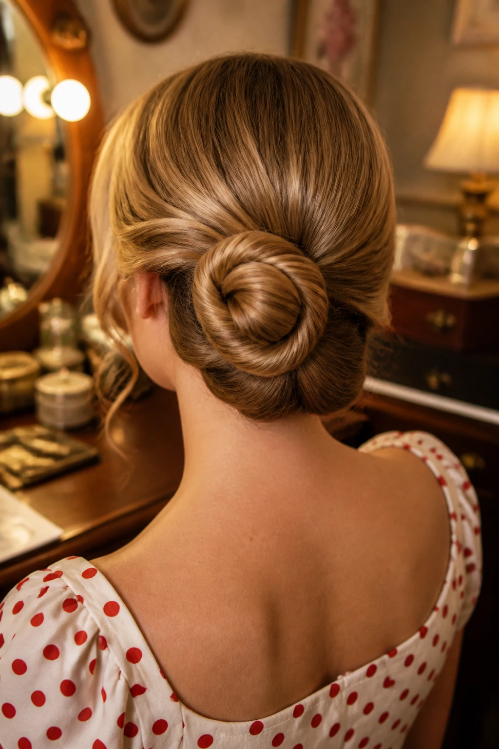 Spiral pin-up knot seen from back on real person