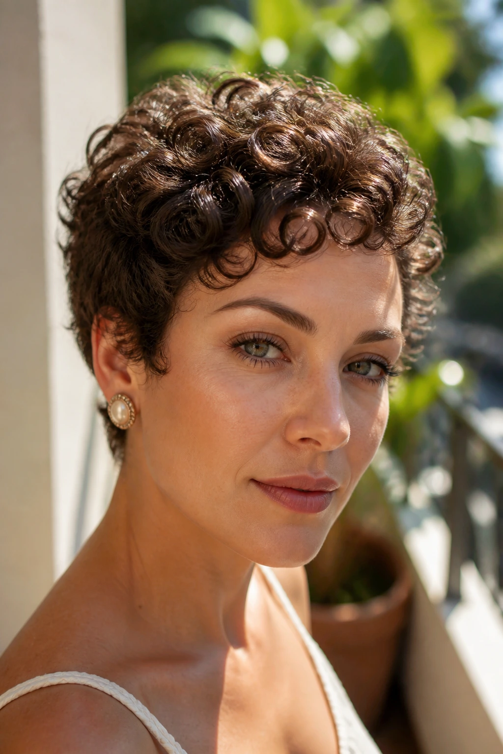 Close-up of a real woman with tight spiral curls on a pixie cut in natural outdoor light