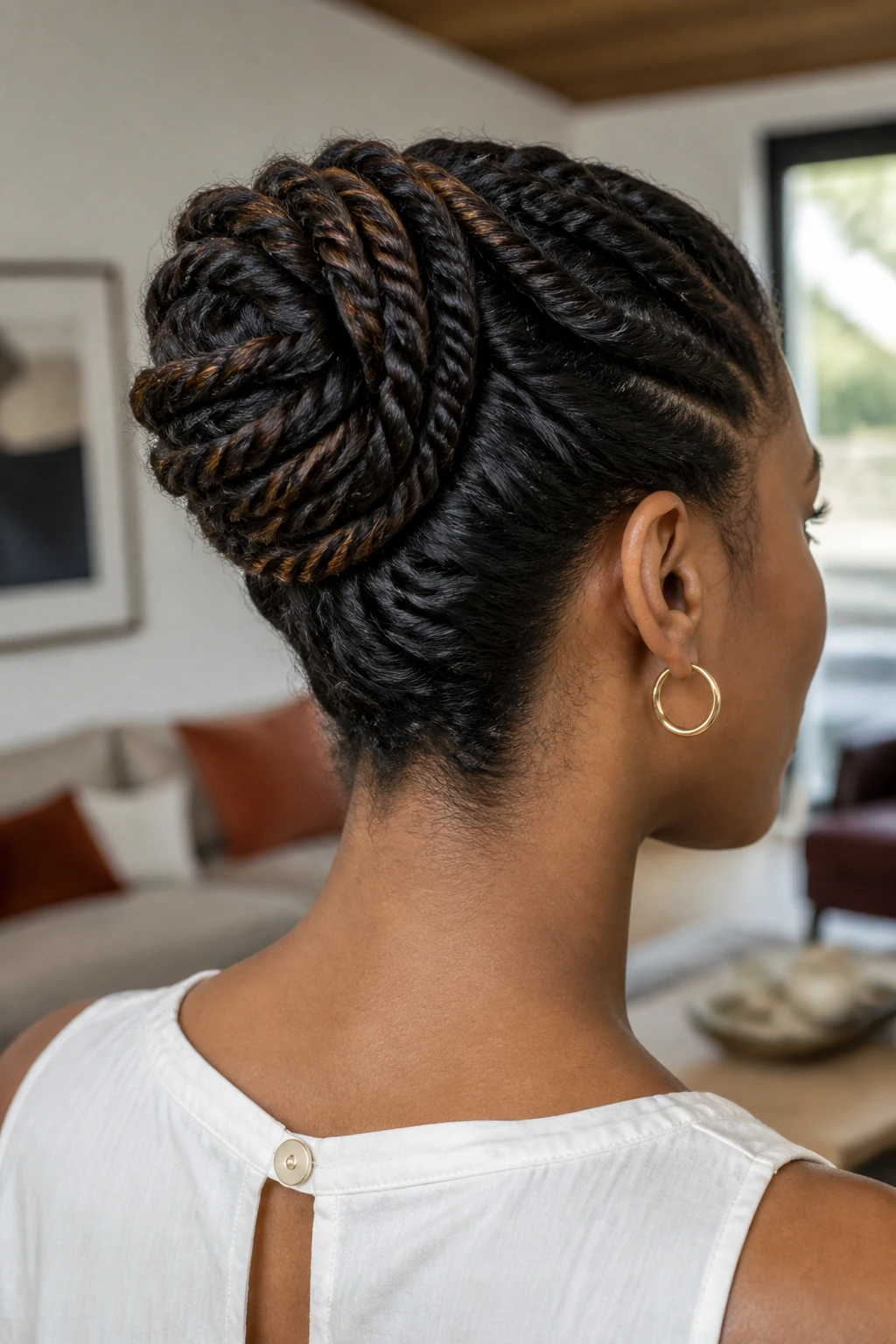 Real woman with a spiral twist bun, twists visible around the base.