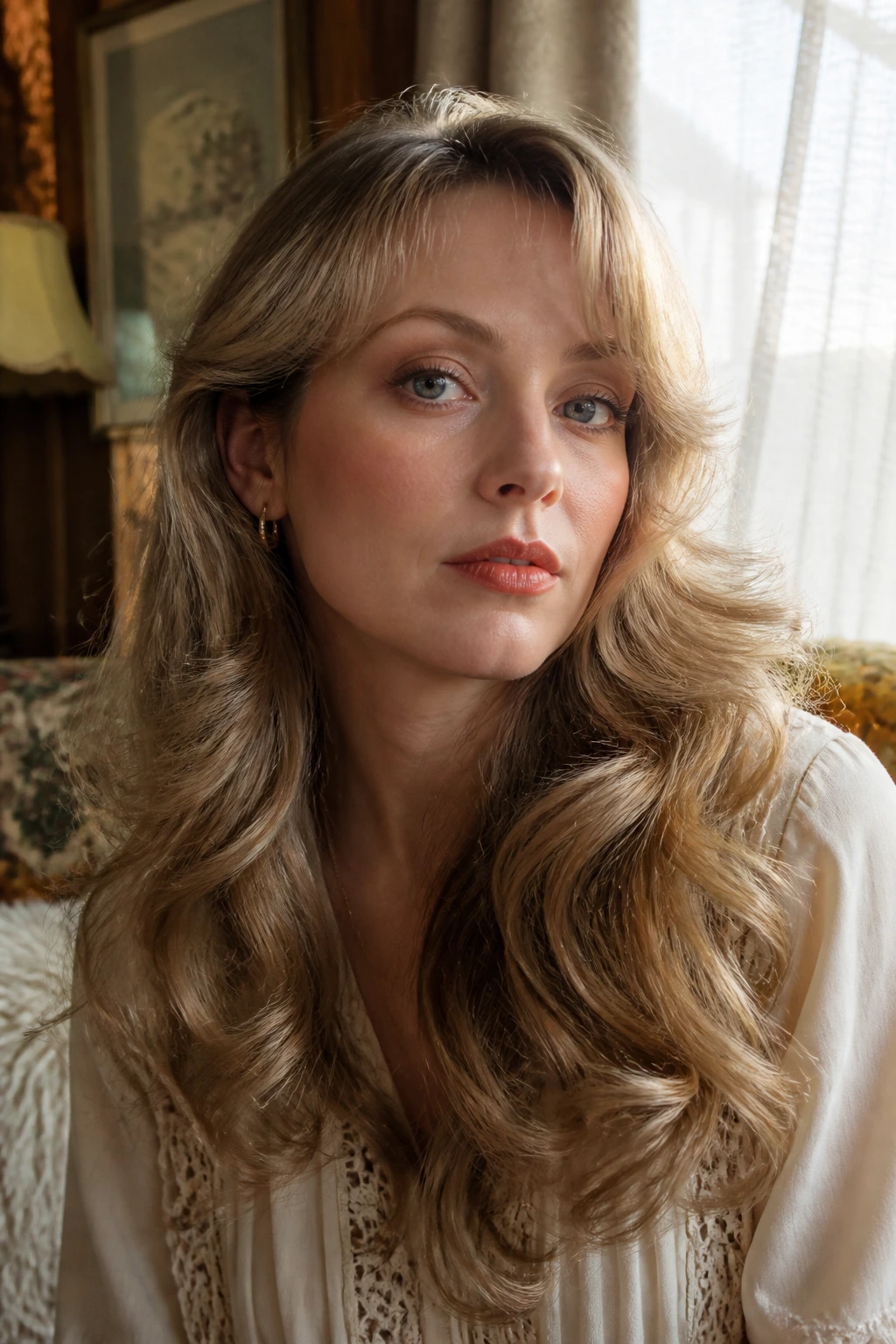 Portrait of a woman with brushed-out spiral waves in a retro setting