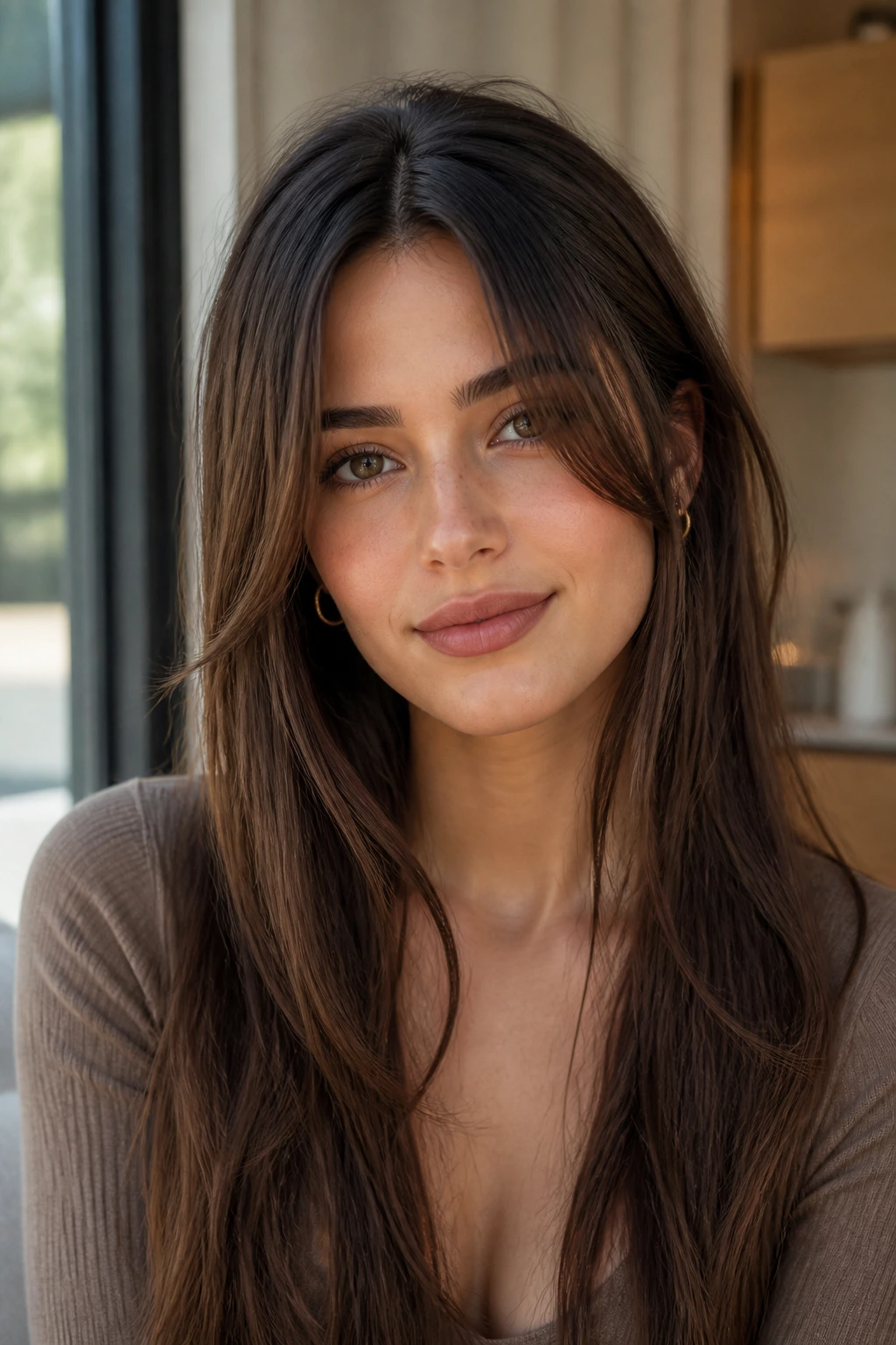 Close-up of a woman with split bangs and long face-framing pieces.