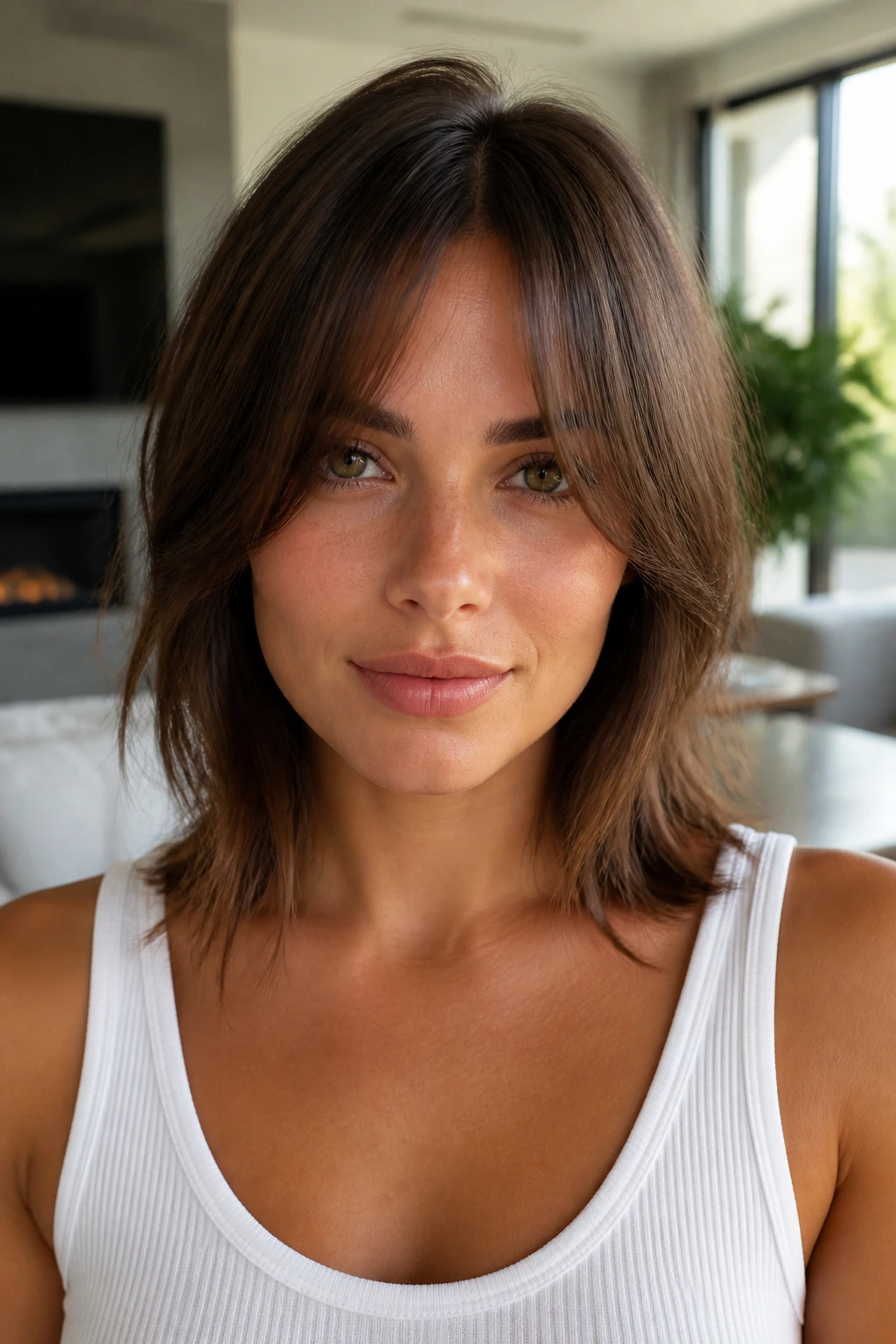 Portrait of a woman with split bangs creating a center opening.