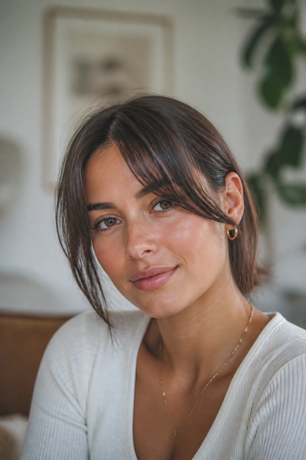 Real woman with split bangs and soft bend