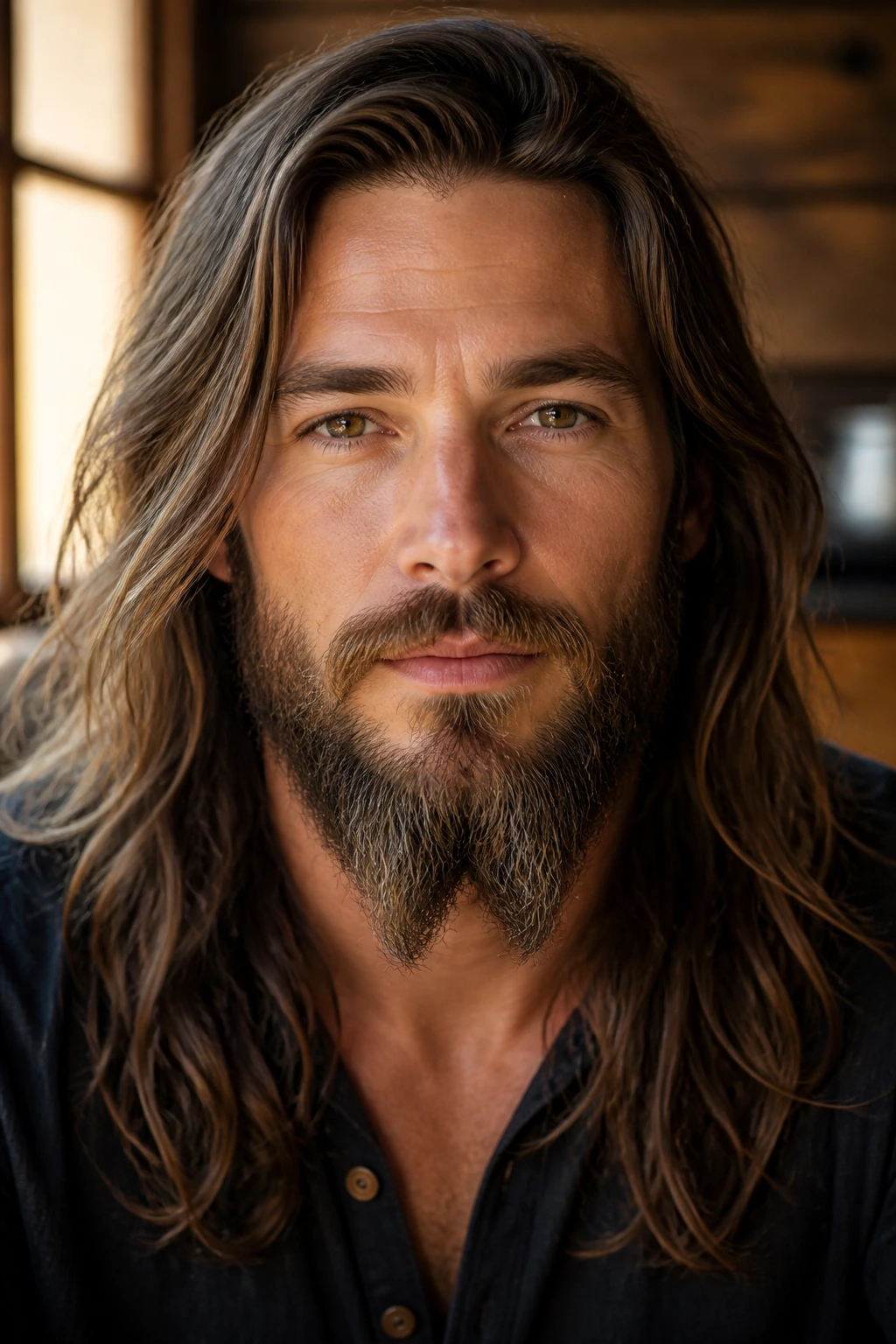 Close-up portrait of a man with a centered forked chin beard and long hair, warm indoor lighting.
