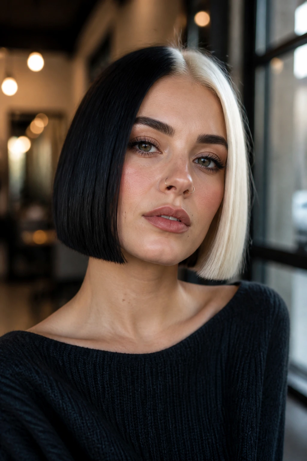 Close-up of a real woman with split-dye bob featuring black and platinum halves in a blunt cut