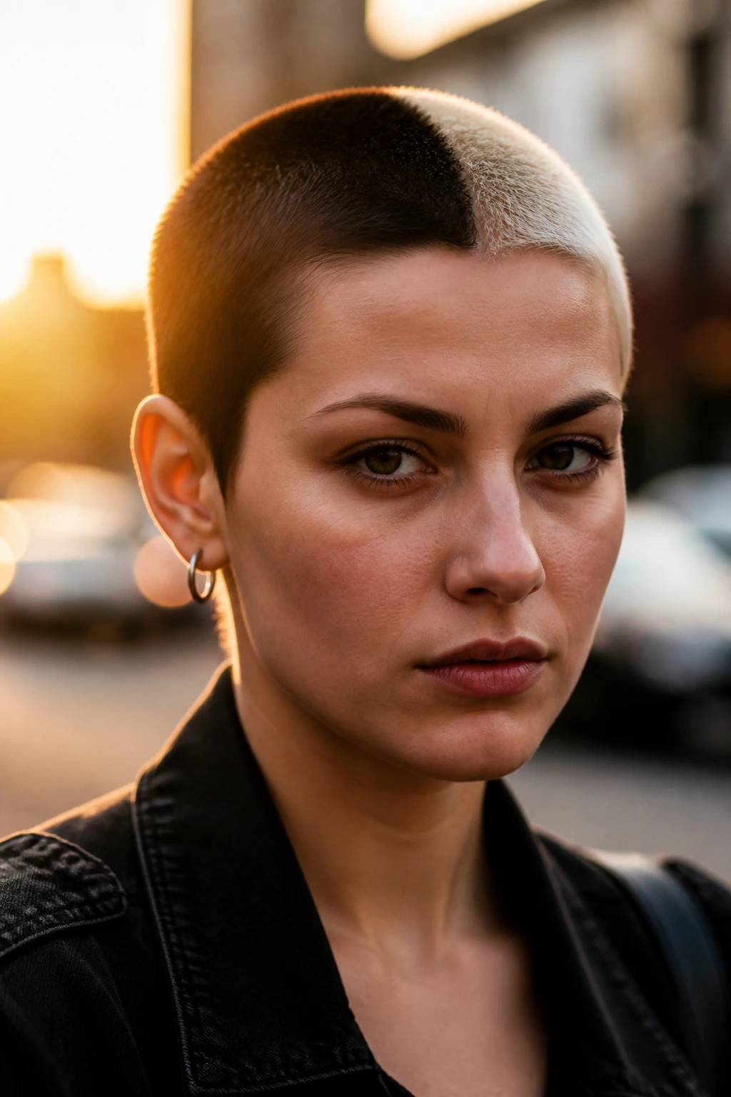 Close-up portrait of a real woman with a split-dye buzz cut in golden hour light