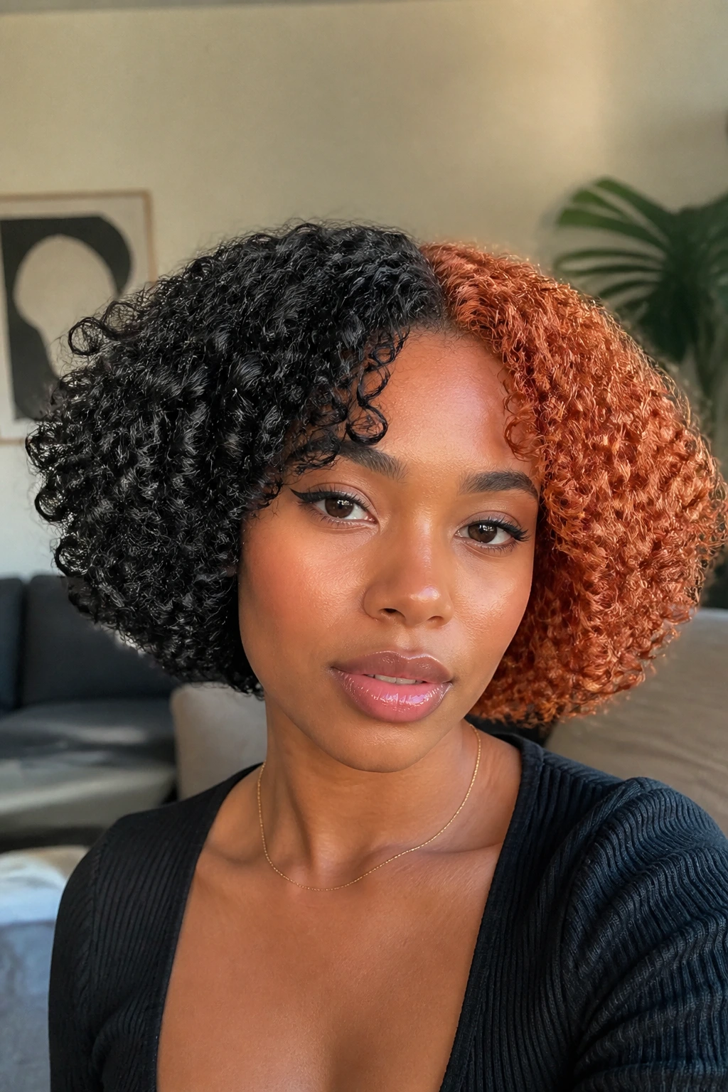 Close-up of a curly bob with a crisp split-dye in black and copper