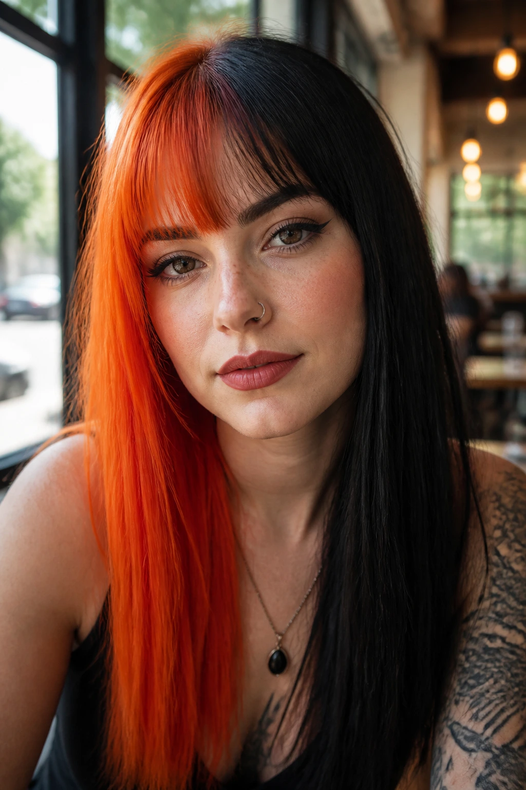 Portrait of a real woman with a bold orange and black split dye hairstyle.