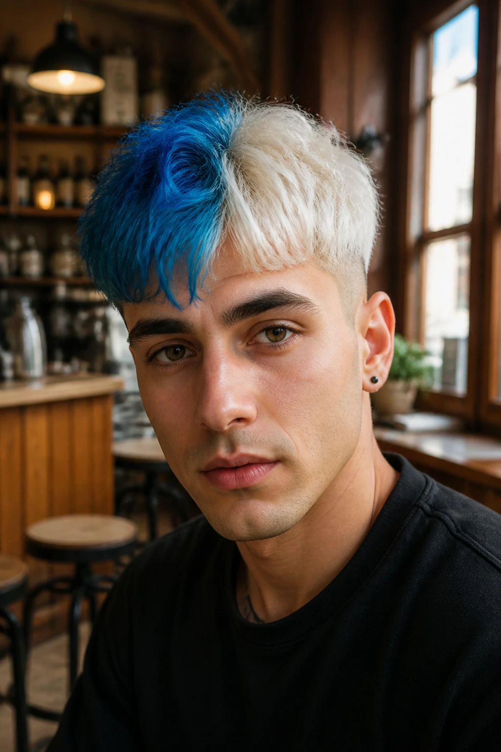 Close-up of real person with split dye panel hairstyle in a cafe setting