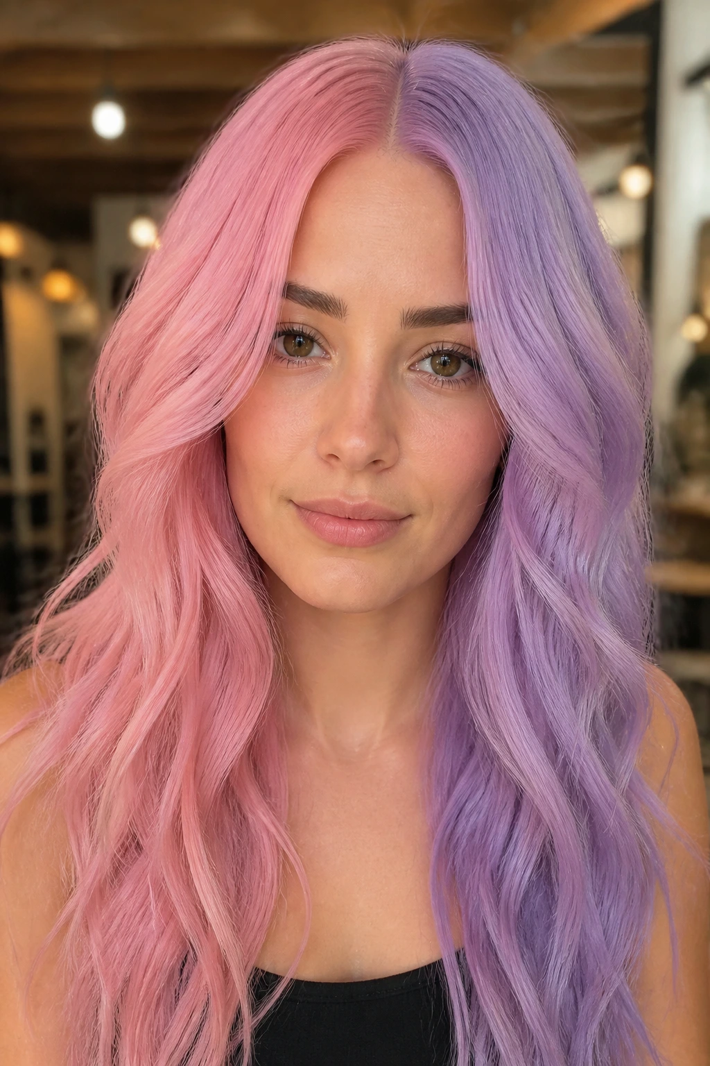 Portrait of a woman with pink and lilac split-dye hair and a crisp part line