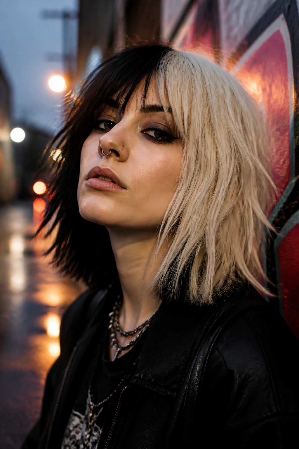 Close-up portrait of real person with split-dye razor lob showing sharp color split and jagged ends