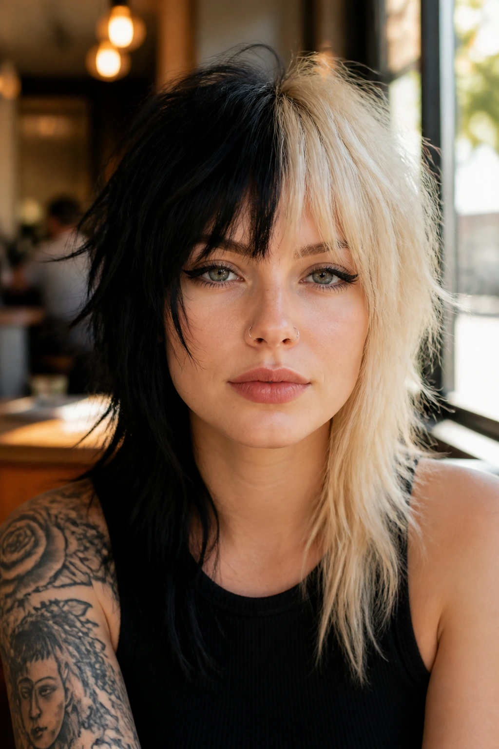 Portrait of a real person with a black and blonde split-dye shag showing a clear color division.