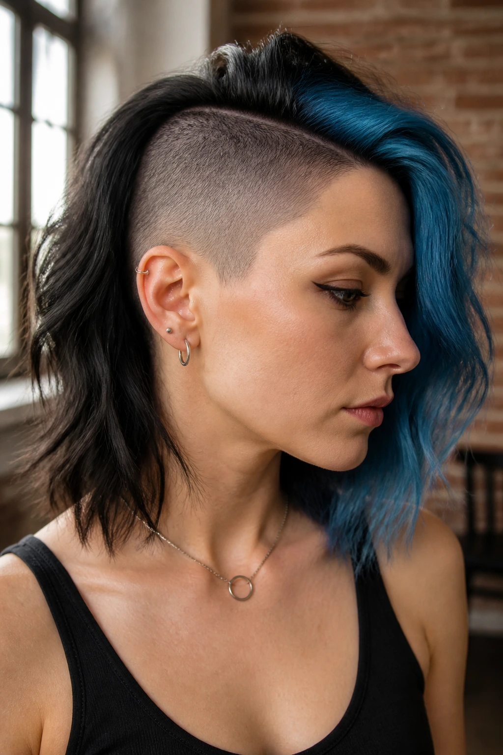 Close-up of real person with split-dye reveal and shaved base.
