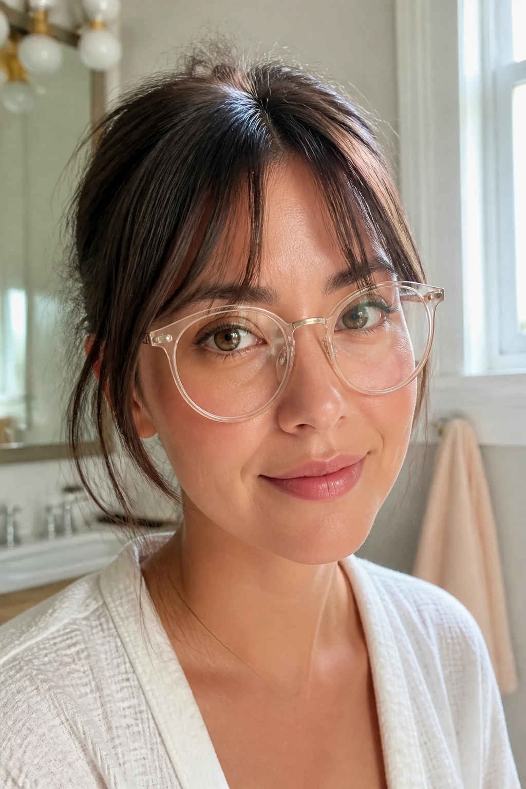 Close-up of a real woman with split fringe and glasses in bright morning light